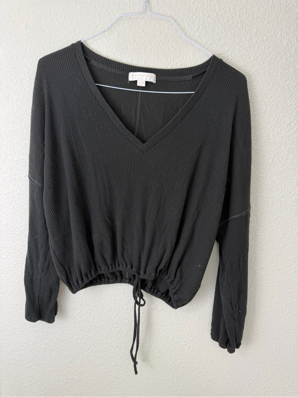Spiritual Gangster Black Ribbed V-Neck Drawstring Sweatshirt Sz Large